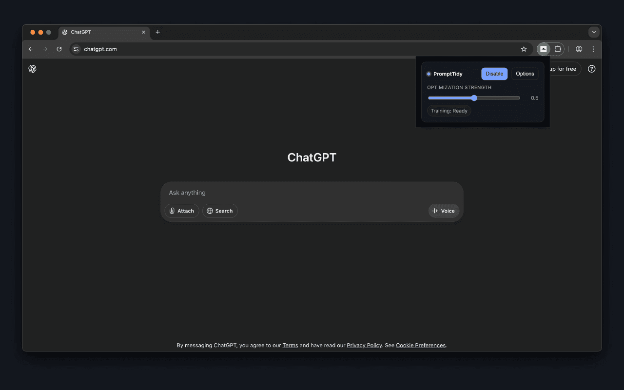 PromptTidy extension open in a supported chat interface