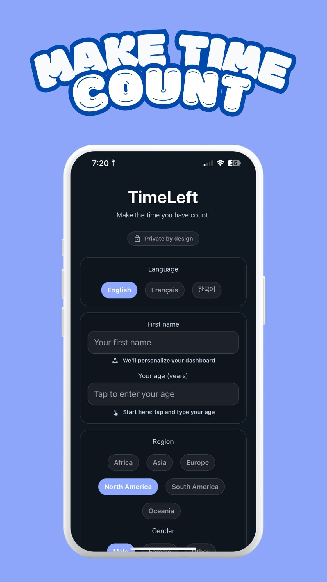 TimeLeft onboarding screen with language, age, and region choices