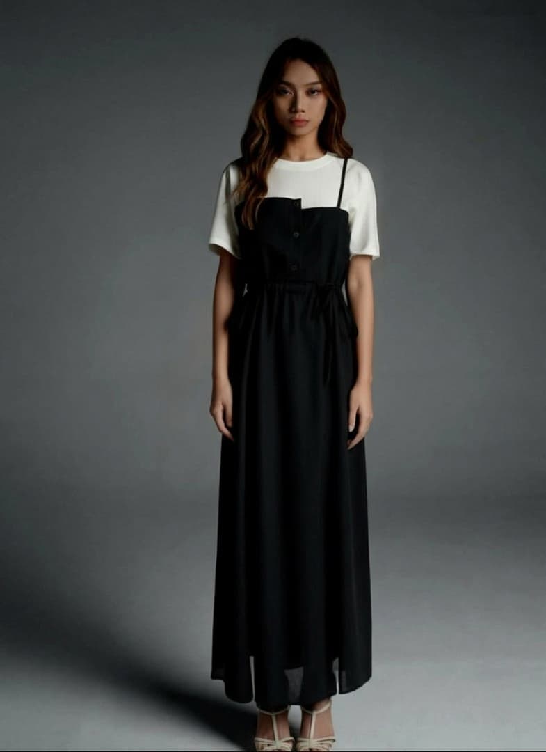 A supplied output from the experimental Virtual Fitting demo showing a model in a layered black dress